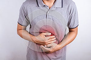 Man having painful stomach ache, enteritis. Health insurance concept