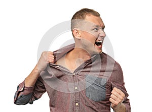 Man having panic attack on white background