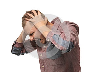 Man having panic attack on white background