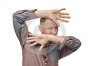 Man having panic attack on white background