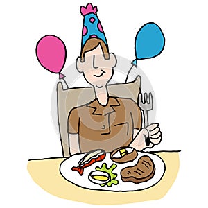 Man having steak and lobster for his birthday