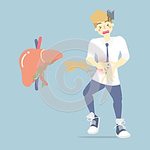 man having stomachache and liver anatomy, health care, liver disease concept