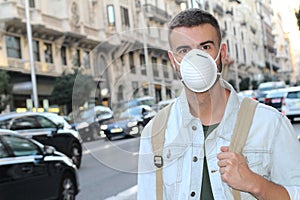 Man having to use a mask to walk around the polluted city
