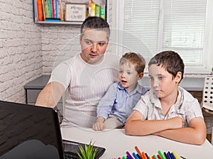 Man having video chat online on laptop, isolation, pandemic