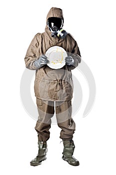 Man in Hazard Suit with a dirty dish