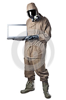 Man in Hazard Suit holding a laptop