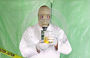 Man in Hazmat clothing in decontamination chamber