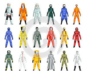 Man in Hazmat Suit as Personal Protective Equipment with Impermeable Garment Big Vector Set photo