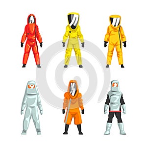 Man in Hazmat Suit as Personal Protective Equipment with Impermeable Garment Vector Set photo