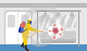Man in hazmat suit cleaning and disinfecting covid19 Coronavirus cells inside subway train or sky train. Clean and kill virus path
