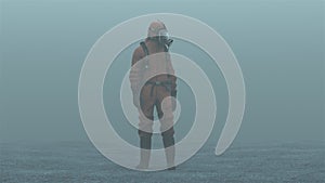 Man in a Hazmat suit foggy overcast wasteland