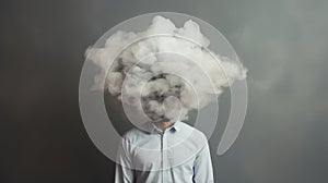 Man head in clouds, depression and fatigue at work. Man with cloud over his head depicting solitude and depression