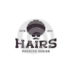 Man head frizzy with sunglasses vintage logo symbol icon vector graphic design illustration idea creative