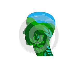 Man head with green landscape, nature, mountains and trees. Environment, ecology, Earth day concept design. Banner