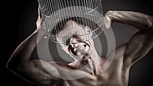 Man with the head inside a birdcage