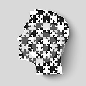 Man head made puzzle pieces. Strategy, chess