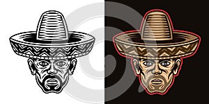 Man head in sombrero hat with bristle in two styles black on white and colored on dark background vector illustration photo