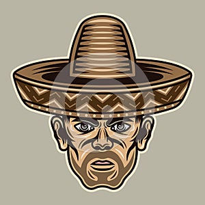 Man head in sombrero hat with bristle. Vector character illustration in colored cartoon style on light background photo
