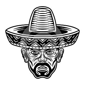 Man head in sombrero hat with bristle. Vector character illustration in vintage monochrome style isolated on white