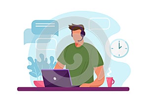 Man with headphone and computer, call center, customer service and support. Flat vector illustration concept of distance