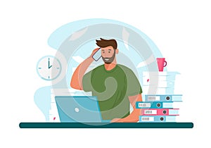 Man with headphone and computer, call center, customer service and support. Flat vector illustration concept of distance
