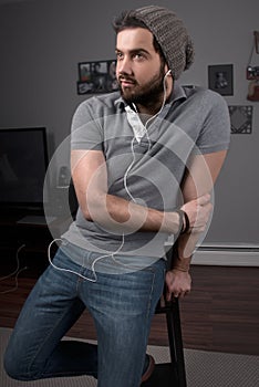 Man in headphone listen to music