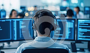 Man with headphones intently working on a computer surrounded by multiple screens in office.