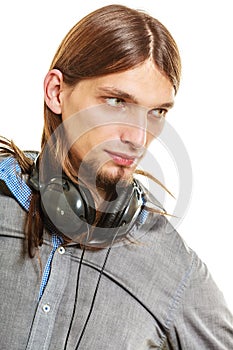 Man with headphones listening to music. Leisure.