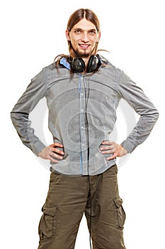 Man with headphones listening to music. Leisure.