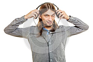 Man with headphones listening to music. Leisure.