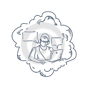 Man headphones working laptop announcer bubble chat concept white background sketch doodle