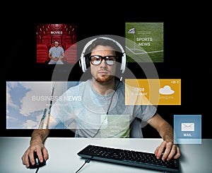 Man in headset computer over virtual media screens