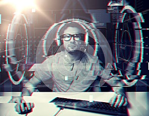 Man in headset with computer virtual projections