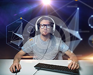 Man in headset with computer virtual projections