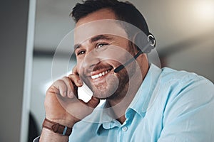 Man, headset and smile at computer for telemarketing communication, tech support or call center. Male person, customer