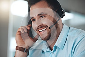 Man, headset and smile for telemarketing sales or communication, tech support or call center. Male person, customer