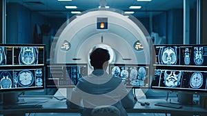 A man healthcare specialist focused on brain scans displayed on screens in diagnostic room