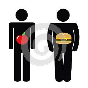 Man with healthy apple and with unhealthy fast food burger pictogram