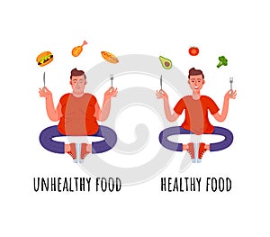 A man with a healthy meal and a man with a junk food.