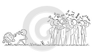 Man Is Hearing Singing Bird While Crowd Is Chattering and Ignoring the Nature, Vector Cartoon Stick Figure Illustration photo