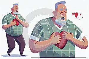 Man with heart attack symptom in flat design on white background. Heart disease concept