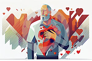 Man with heart attack symptom in flat design on white background. Heart disease concept