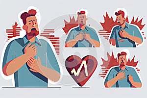 Man with heart attack symptom in flat design on white background. Heart disease concept