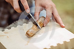 Man are heated in a fire and cook out on a summer forest