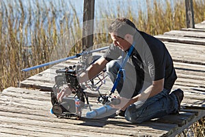 Man with helicopter drone