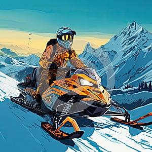 man in a helmet rides a snowmobile in deep snow. Extreme sports adventure, outdoor activity during winter holidays in ski resort