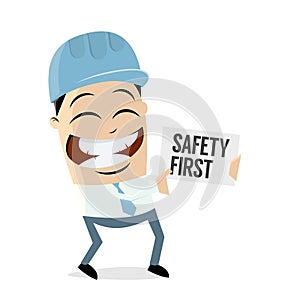 Man with helmet and safety first sign