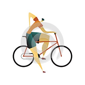 Man in a helmet sits bike and kept one hand behind his back. Vector illustration.