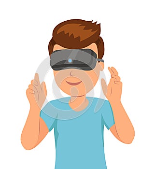 Man in a helmet virtual reality good pastime. male character in the VR helmet waving his hands