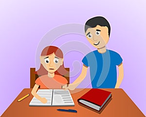 Man help son homework concept background, cartoon style